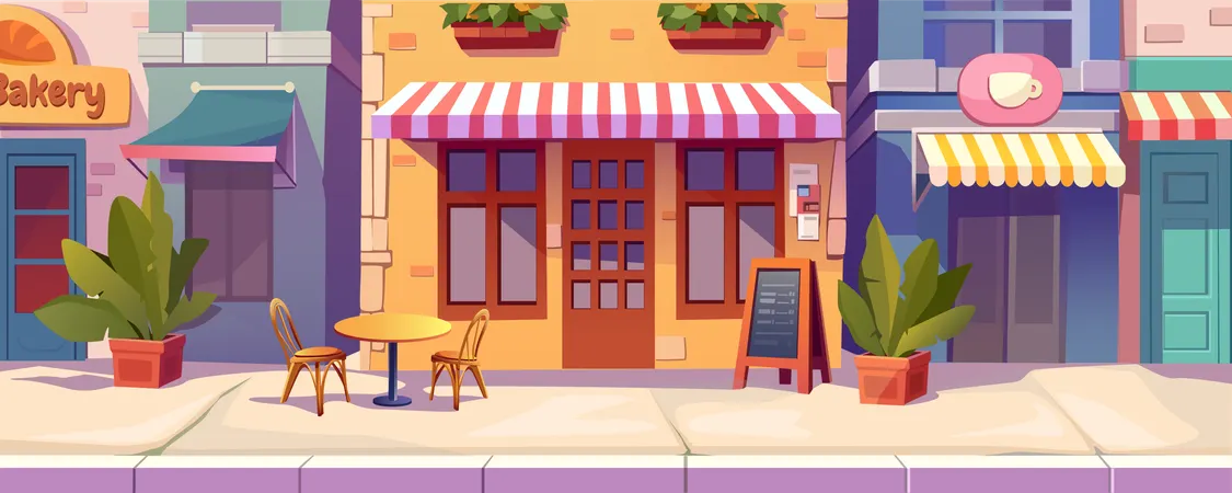 Small business cityscape with outdoor chairs and table of restaurant by cafeteria and bakery  Illustration