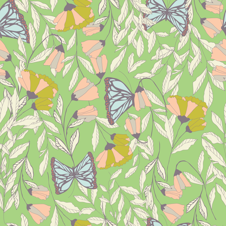 Vector traditional seamless pattern with Monarch butterflies, floral elements and spring flowers  Illustration
