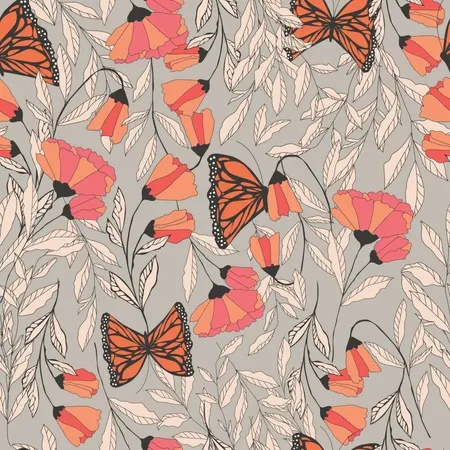 Vector traditional seamless pattern with Monarch butterflies, floral elements and spring flowers  Illustration