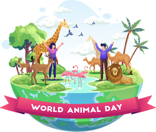 Wildlife sanctuary workers celebrating world animal day in the forest  Illustration