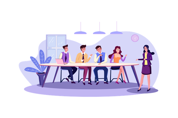 Woman during a job interview and four elegant members of management  Illustration