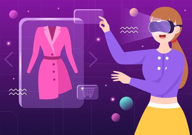 Woman looking at dress in virtual technology  Illustration